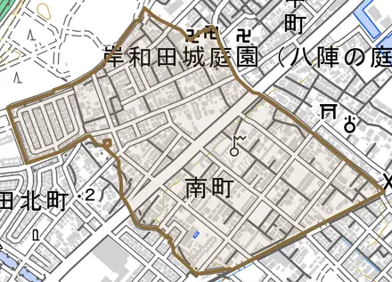 南町とその周辺の地図。町の範囲を重ねている