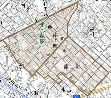 南上町とその周辺の地図。町の範囲を重ねている