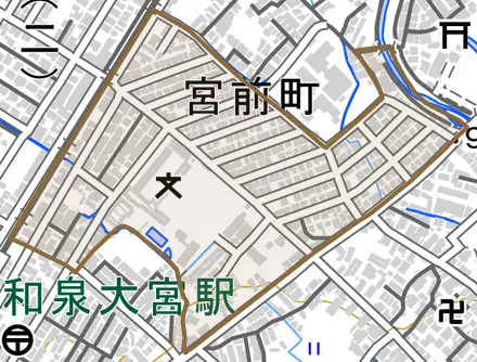 宮前町とその周辺の地図。町の範囲を重ねている