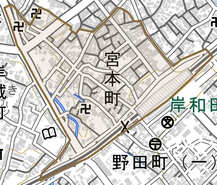 宮本町とその周辺の地図。町の範囲を重ねている