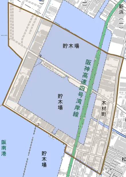 木材町とその周辺の地図。町の範囲を重ねている