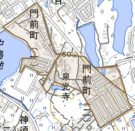 門前町とその周辺の地図。町の範囲を重ねている