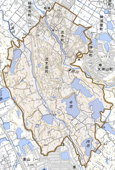 流木町とその周辺の地図。町の範囲を重ねている