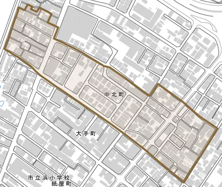 中北町とその周辺の地図。町の範囲を重ねている