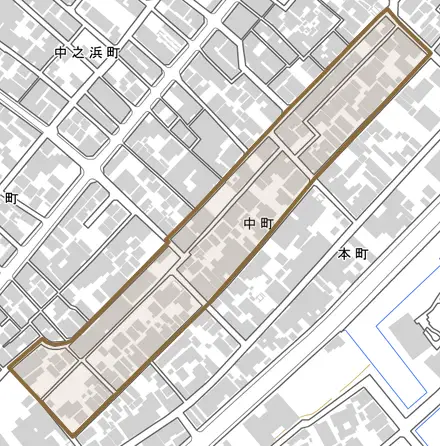 中町とその周辺の地図。町の範囲を重ねている