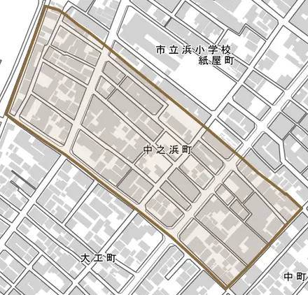 中之浜町とその周辺の地図。町の範囲を重ねている