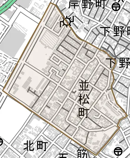 並松町とその周辺の地図。町の範囲を重ねている