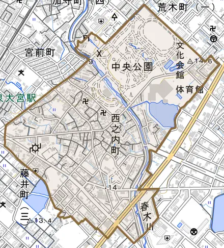 西之内町とその周辺の地図。町の範囲を重ねている