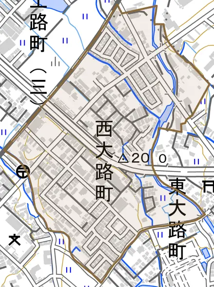 西大路町とその周辺の地図。町の範囲を重ねている