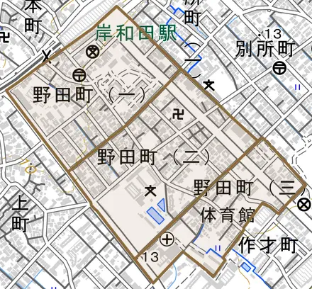 野田町とその周辺の地図。町の範囲を重ねている