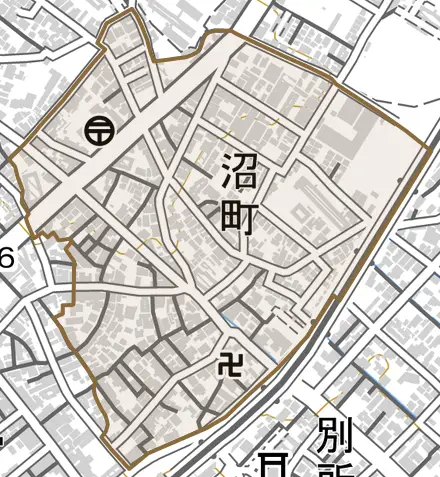 沼町とその周辺の地図。町の範囲を重ねている