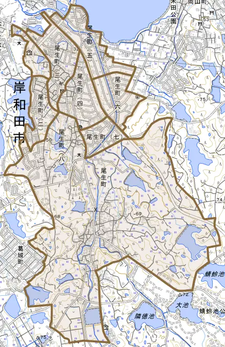 尾生町とその周辺の地図。町の範囲を重ねている