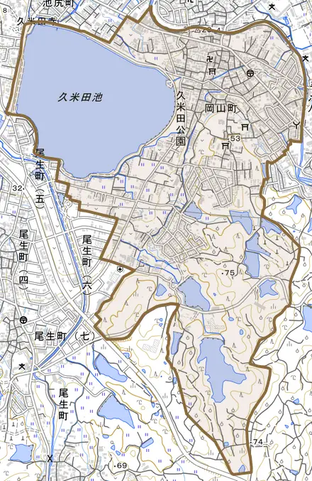 岡山町とその周辺の地図。町の範囲を重ねている