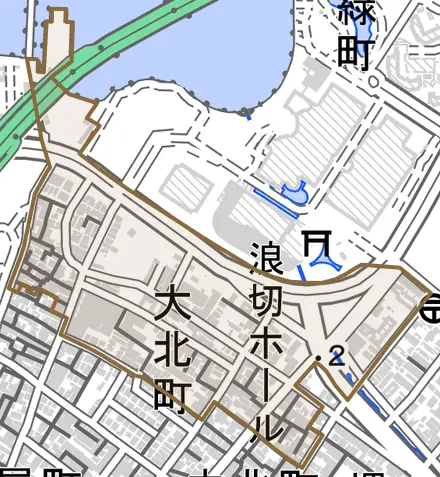 大北町とその周辺の地図。町の範囲を重ねている