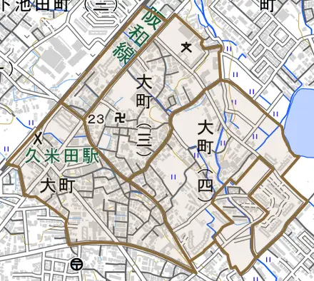大町とその周辺の地図。町の範囲を重ねている