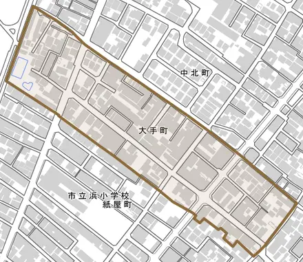 大手町とその周辺の地図。町の範囲を重ねている