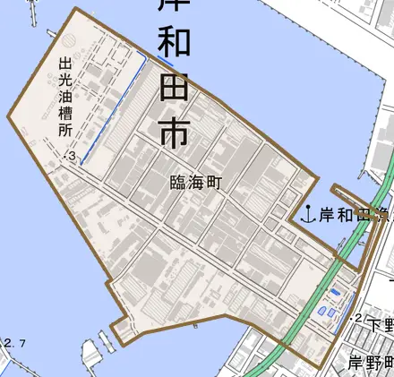 臨海町とその周辺の地図。町の範囲を重ねている