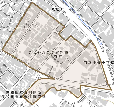 堺町とその周辺の地図。町の範囲を重ねている