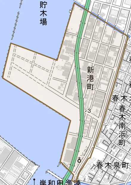新港町とその周辺の地図。町の範囲を重ねている