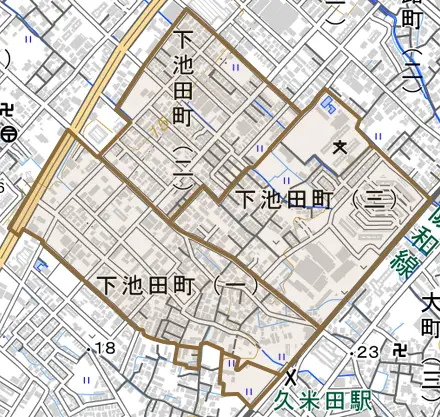 下池田町とその周辺の地図。町の範囲を重ねている