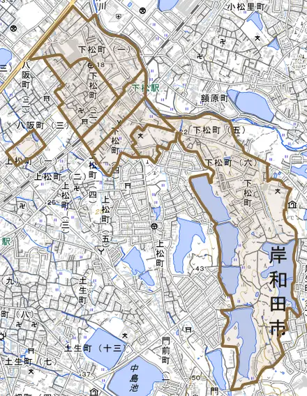 下松町とその周辺の地図。町の範囲を重ねている