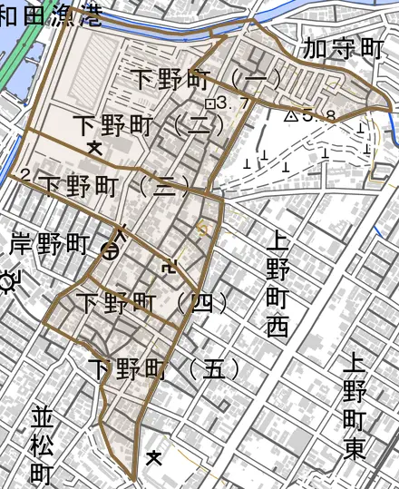 下野町とその周辺の地図。町の範囲を重ねている