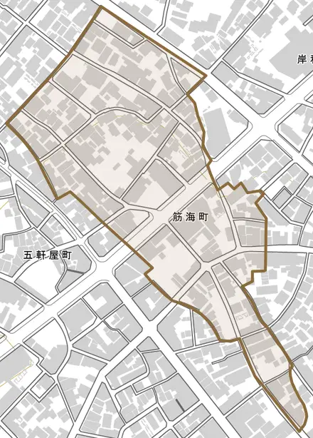 筋海町とその周辺の地図。町の範囲を重ねている