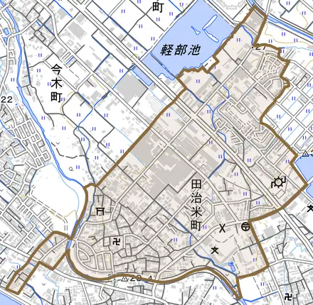 田治米町とその周辺の地図。町の範囲を重ねている