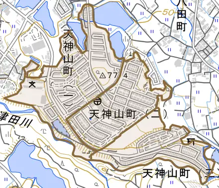 天神山町とその周辺の地図。町の範囲を重ねている