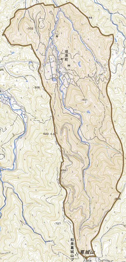 塔原町とその周辺の地図。町の範囲を重ねている