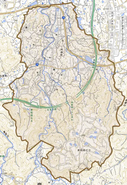 内畑町とその周辺の地図。町の範囲を重ねている