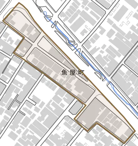 魚屋町とその周辺の地図。町の範囲を重ねている