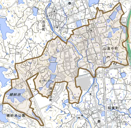 山直中町とその周辺の地図。町の範囲を重ねている
