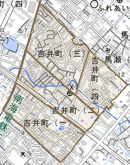 吉井町とその周辺の地図。町の範囲を重ねている
