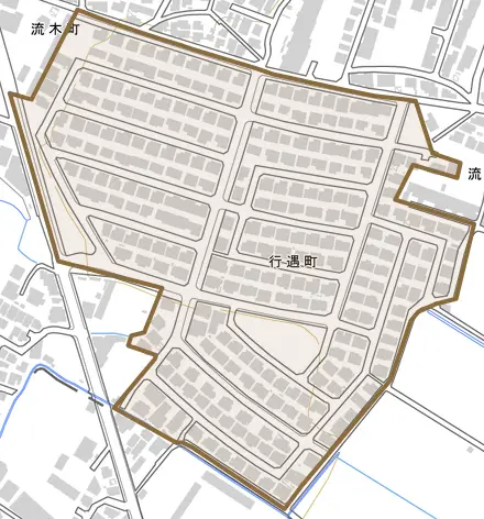 行遇町とその周辺の地図。町の範囲を重ねている