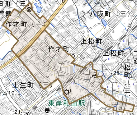 作才町とその周辺の地図。町の範囲を重ねている