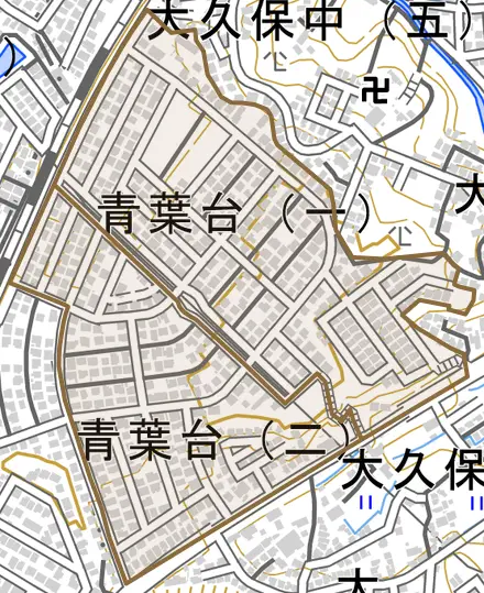 青葉台とその周辺の地図。町の範囲を重ねている
