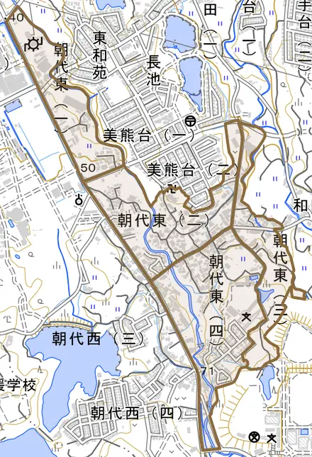 朝代東とその周辺の地図。町の範囲を重ねている