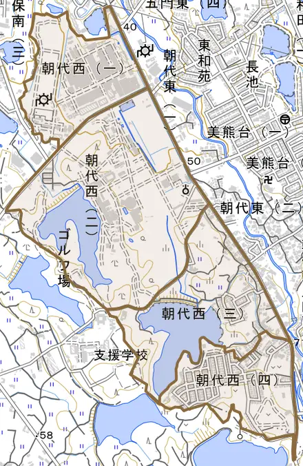 朝代西とその周辺の地図。町の範囲を重ねている