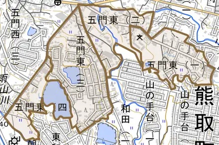 五門東とその周辺の地図。町の範囲を重ねている