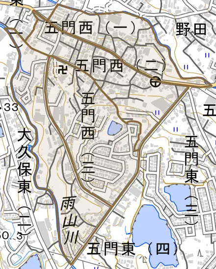 五門西とその周辺の地図。町の範囲を重ねている