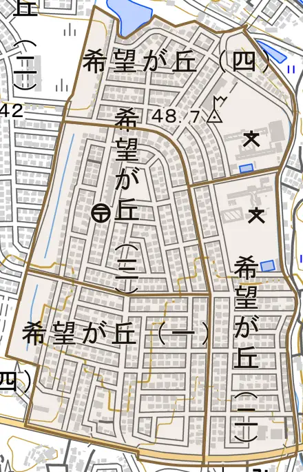 希望が丘とその周辺の地図。町の範囲を重ねている