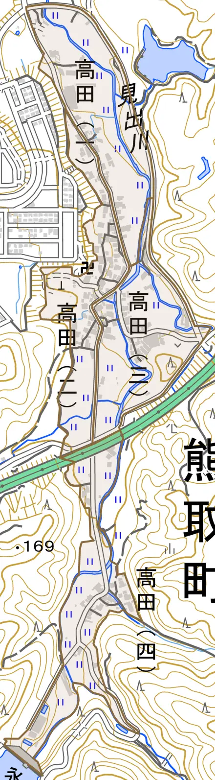 高田とその周辺の地図。町の範囲を重ねている