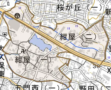 紺屋とその周辺の地図。町の範囲を重ねている