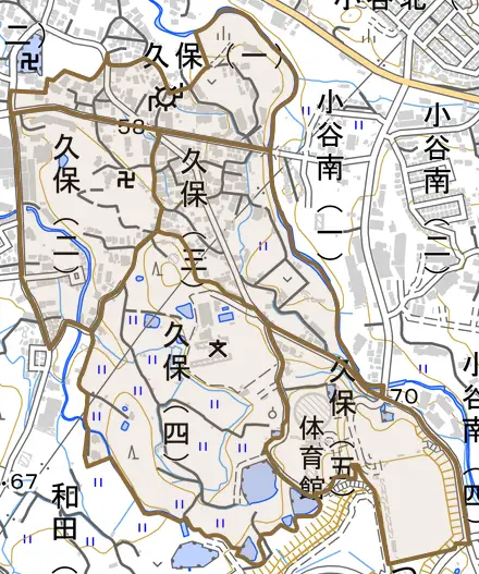 久保とその周辺の地図。町の範囲を重ねている