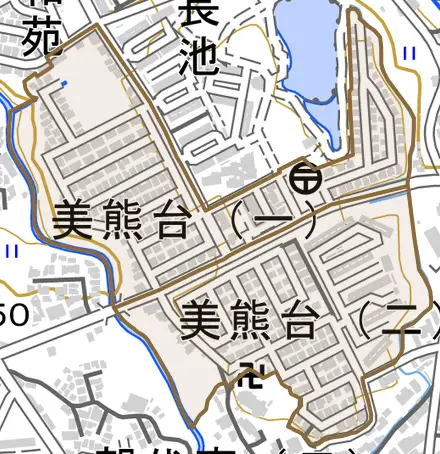 美熊台とその周辺の地図。町の範囲を重ねている