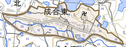 成合東とその周辺の地図。町の範囲を重ねている