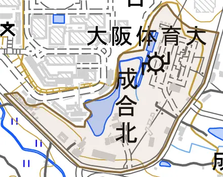 成合北とその周辺の地図。町の範囲を重ねている