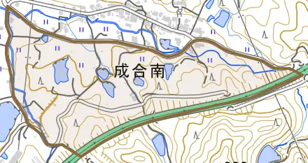 成合南とその周辺の地図。町の範囲を重ねている