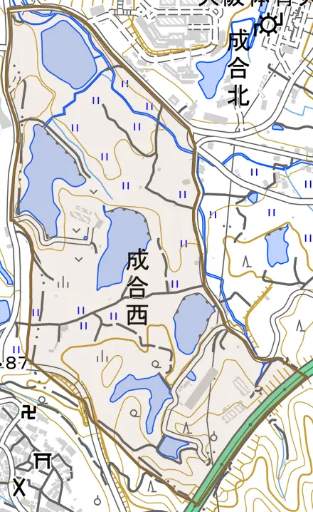 成合西とその周辺の地図。町の範囲を重ねている
